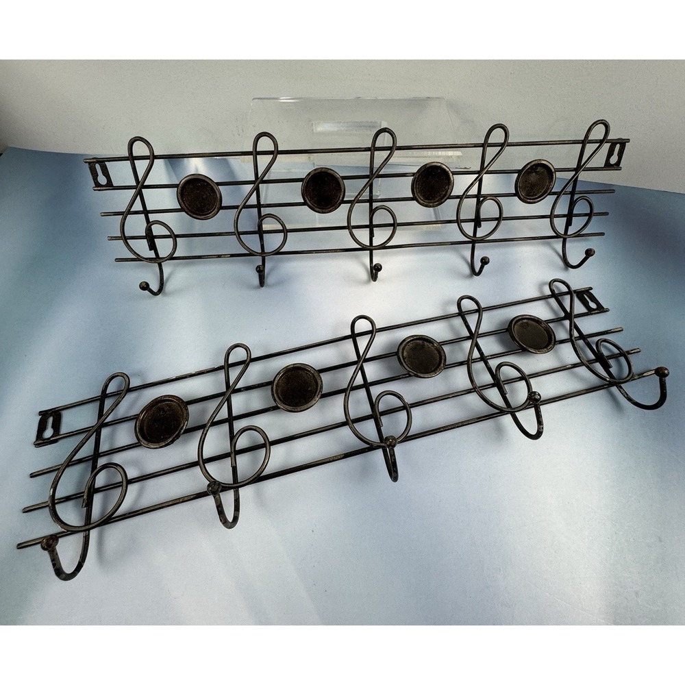 Antique Rustic Metal Wall Mount Treble Clef Musical Staff 5 Hooks each Lot of 2